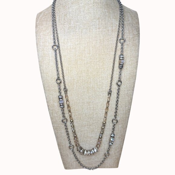 Loft Layered Necklace Set With Silver-Tone Chains & Glass Beads Long - Picture 1 of 10